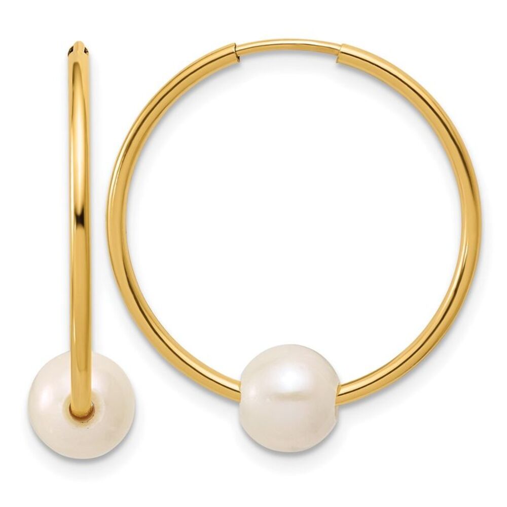 14K Gold Filled 6-7mm Round White FWC Pearl Hollow Hoop Earrings, 25mm